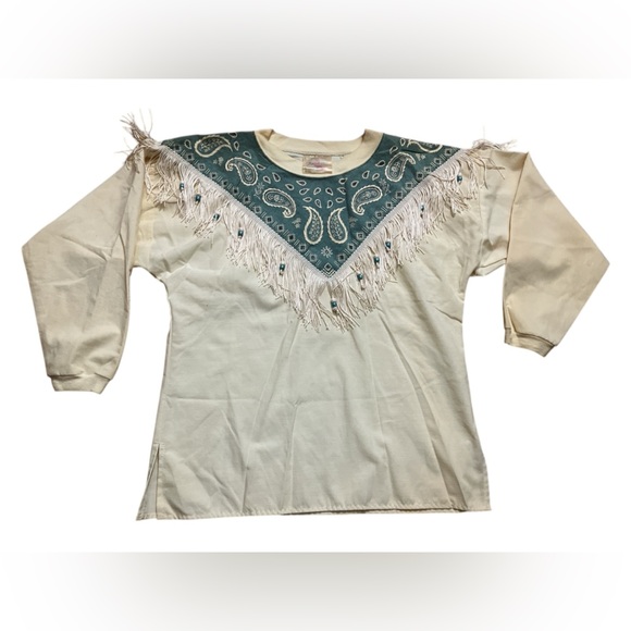 vintage Handmade and beaded western long sleeve cream turquoise long sleeve - Picture 1 of 4
